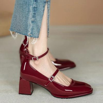 Women Mary Janes Shoes Woman Pumps Patent Leather High Heels Dress Shoes Square Toe Shallow Buckle Strap Women's Shoes Sandalias