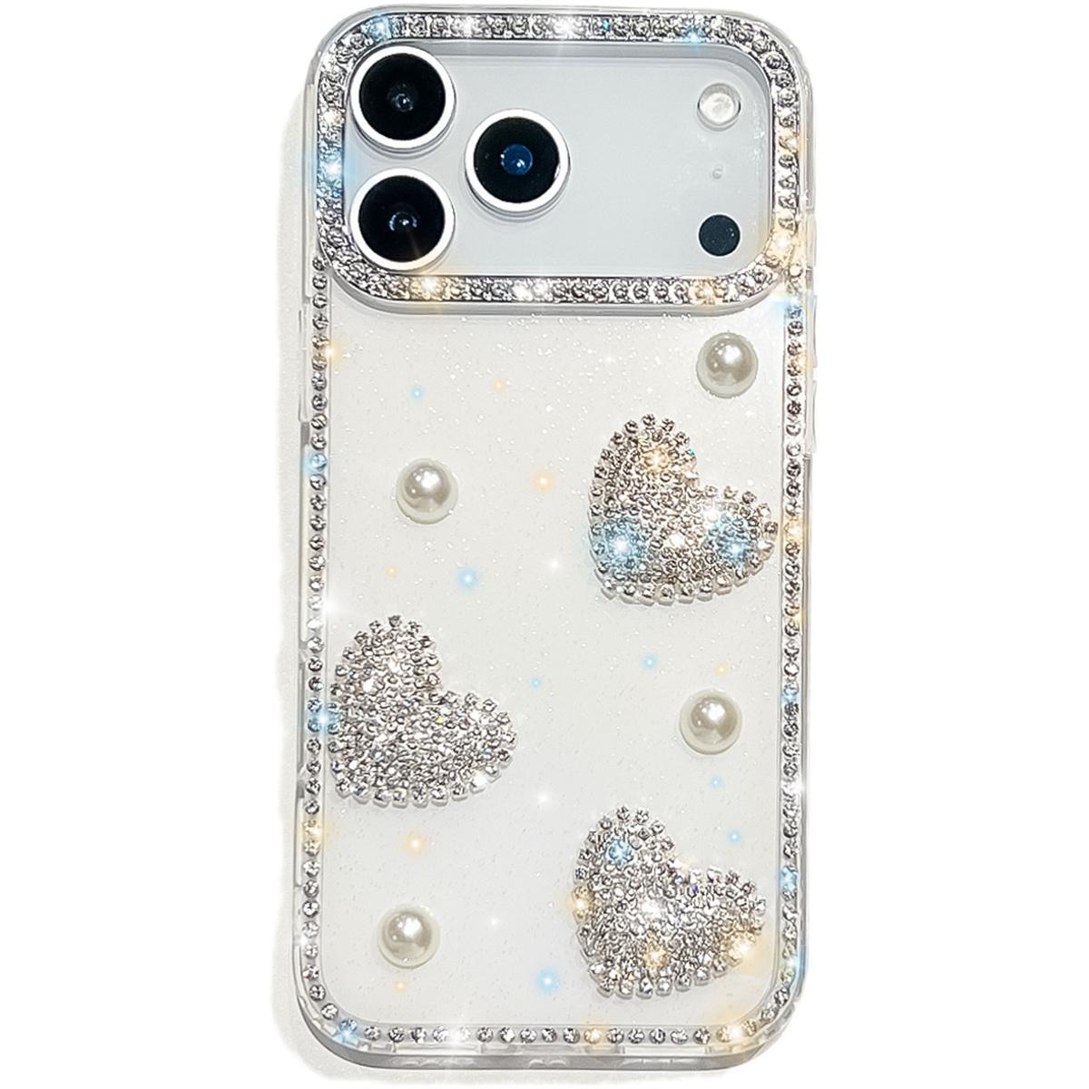 

Handmade Sparkly Diamond Pearl Heart IMD Phone Case, Compatible with iPhone 13,iPhone 14,iPhone 15,iPhone 16,iPhone 17 Series iPhone 17 Pro білий