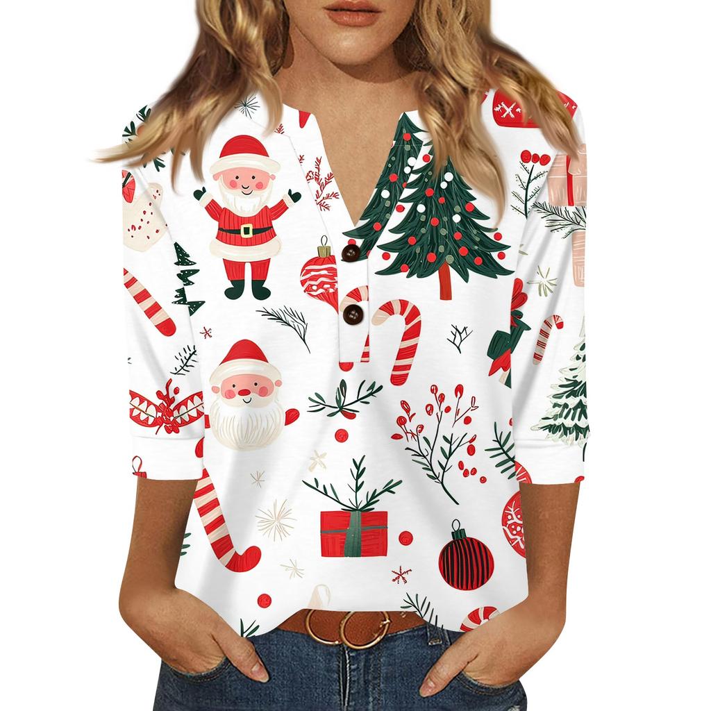 Women's T Shirt Christmas Print Button 3/4 Sleeve Daily Weekend Fashion Basic V- Neck Regular Top