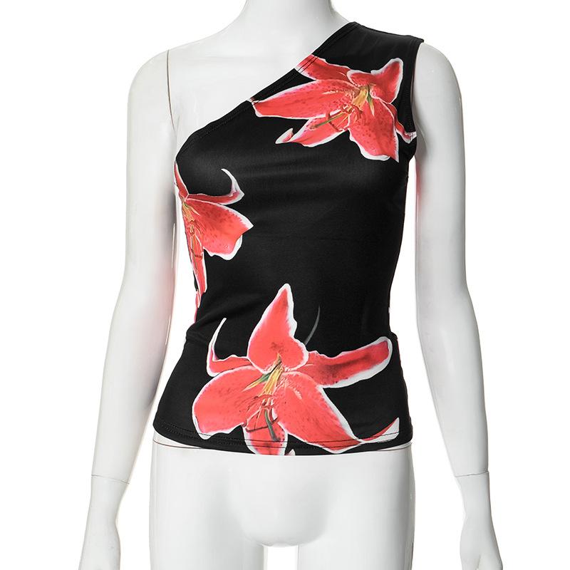 

Летний женский топ-безрукавка с принтом и косым вырезом на одно плечо L чёрный