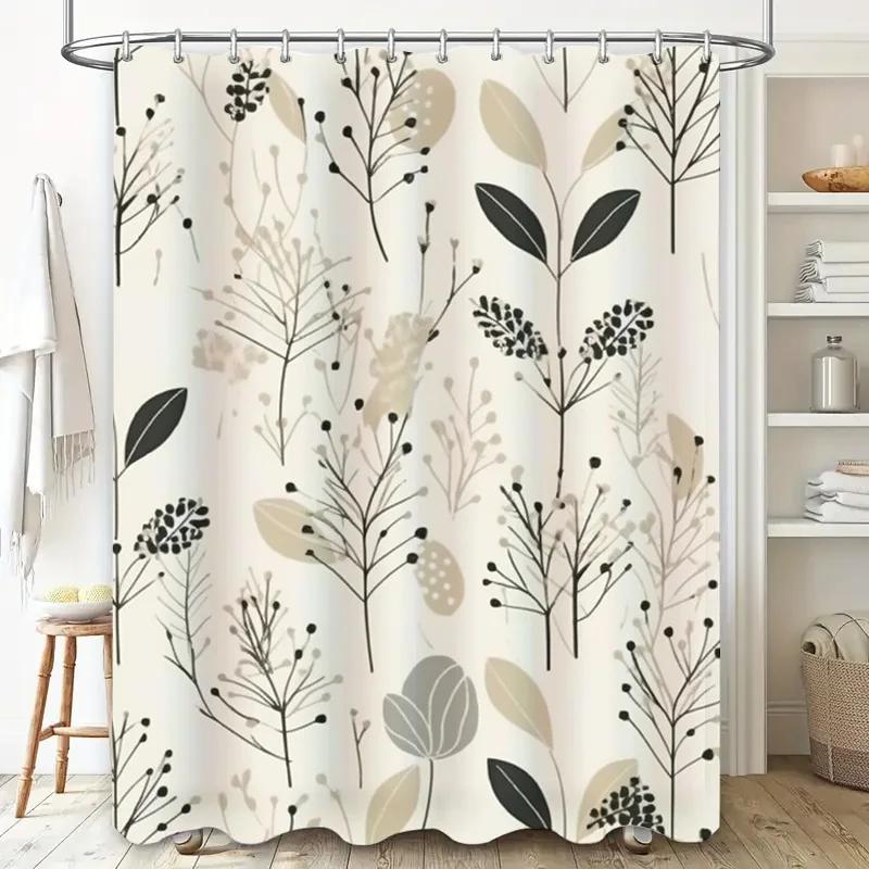 Modern Bathroom Shower Curtain Set Elegant Plant Pattern Decorative Shower Curtains for Home Bathrooms – White Black Beige Col