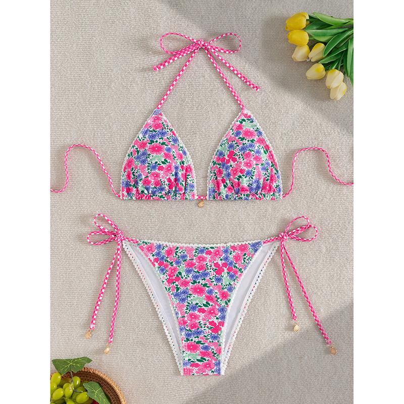 

Сексуальный однотонный комплект бикини женский с оборками, кружевом, пуш-ап бюстгальтером, завязками по бокам, стрингами, купальник для лета, пляжа, купания, микро купальник L розовый