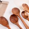 Teak Wood Kitchen Utensil Set: Includes Spatula, Soup Ladle, Stir-Fry Spoon, Slotted Spoon, and Fork for Non-Stick Pans