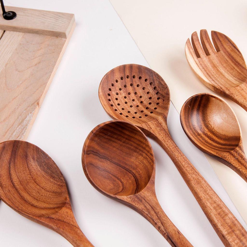 Teak Wood Kitchen Utensil Set: Includes Spatula, Soup Ladle, Stir-Fry Spoon, Slotted Spoon, and Fork for Non-Stick Pans