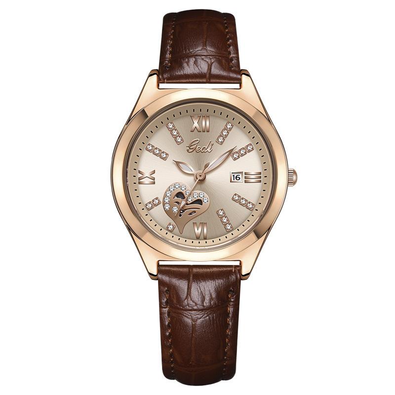 High-End Calendar Watch Light Luxury Diamond-Encrusted High-Value Hollow Women'S Watch Big Red Leather Quartz Watch
