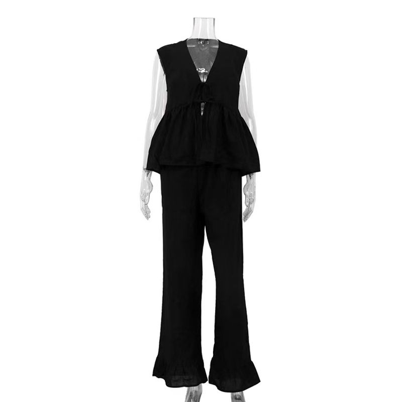 

Fashion Wind New Arrival Fashion V-neck Lace-up Tops Vest Pants Two-piece Set V-Neck Vest Pants Set Black L