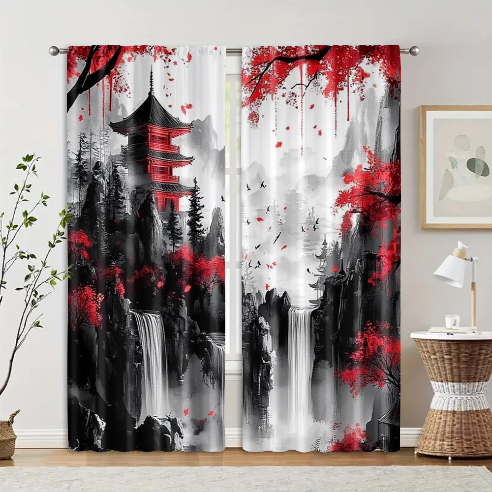 

2pcs, Window Curtain 2D print Japanese Mountain Ink Painting 100% Polyester (without rod) Art Deco Festive for Living Room & 29x65in(75x166cm)