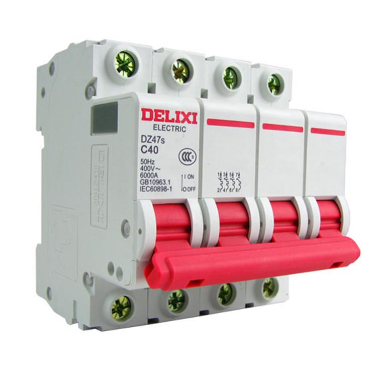 Delixi DZ47s-63 4P Four-Pole Miniature Circuit Breaker, Type C, Three-Phase Switch.
