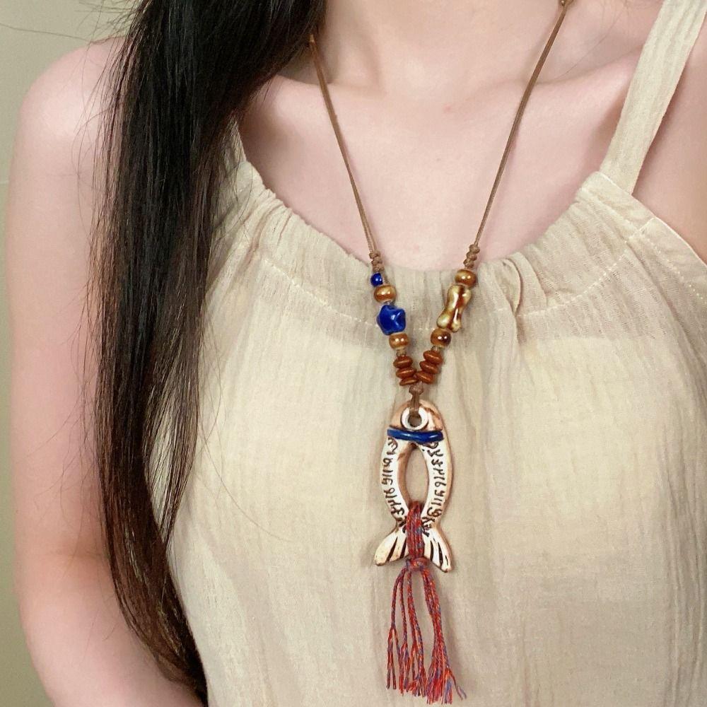 Wood Ceramic Fish Necklace Vintage Long Sweater Chain Retro Ethnic Style Necklace  Decoration
