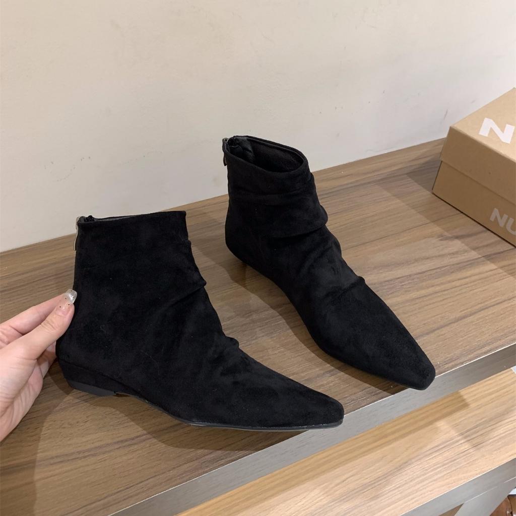 Thick Heel Square Head Suede Pile Boots Short Boots Women's Boots 2025 Spring and Autumn French Small Naked Boots Khaki Martin Boots