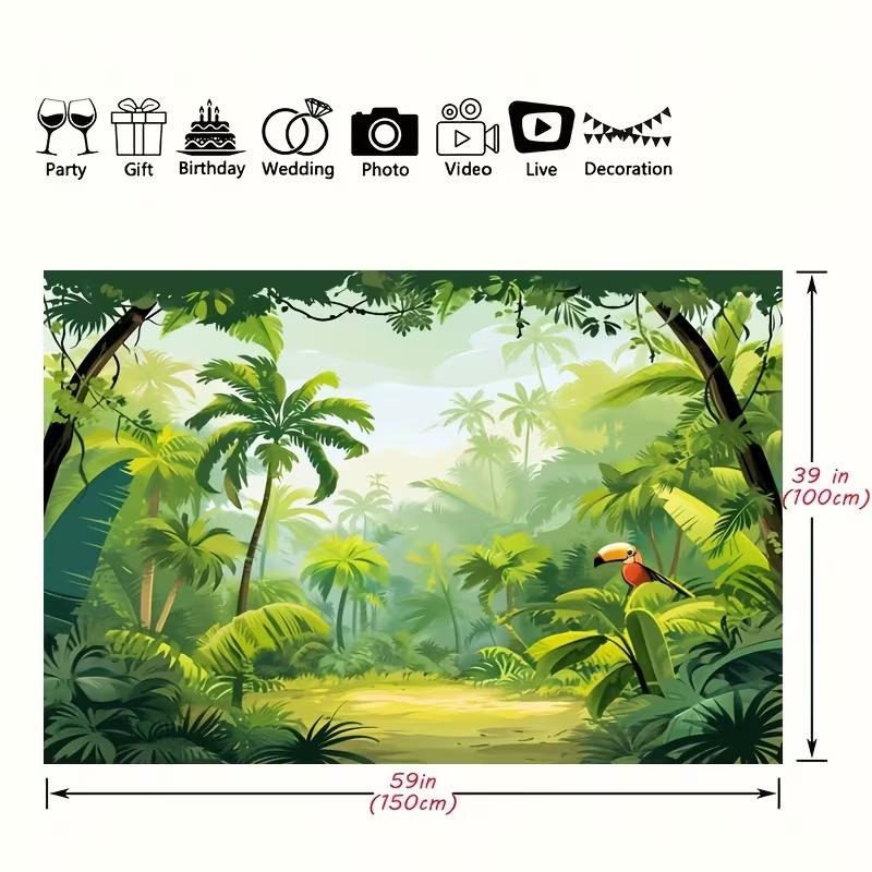 2D Safari Party Hintergrund Cartoon Dschungel Wald & Tukan Hintergrundtuch