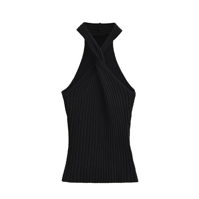 Elastic Knit Halter Neck Slim-Fit Tank Top for Women, 2026 Summer New Style, V-Neck with Front Twist and Backless Design