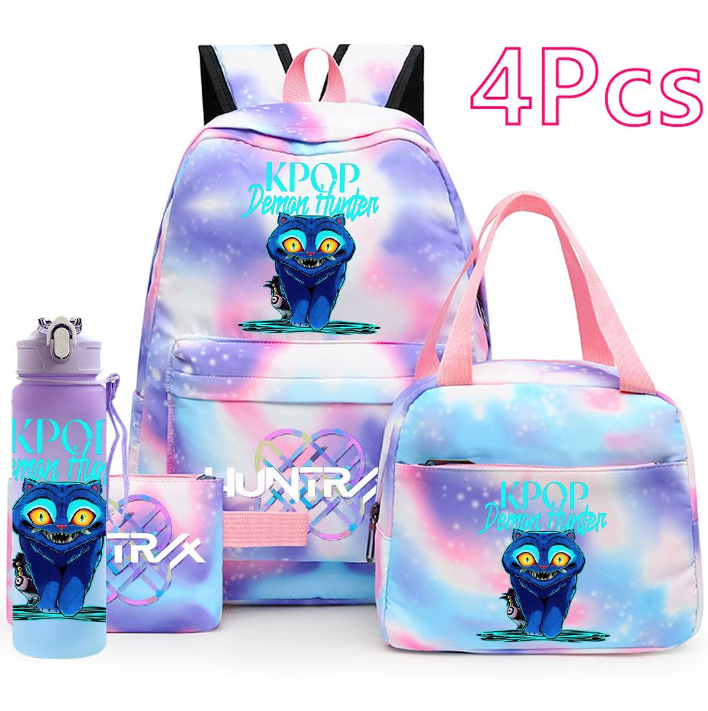 4Pcs/set Cartoon K-Pop Printed Backpack Handbag Pencil Case with 750Ml Water Bottler for Teenager Boy Girl Schoolbag Large Capacity Bookbag Mochila