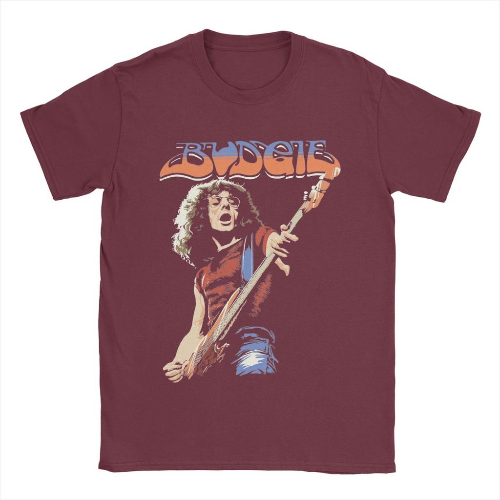 Budgie Band Burke Shelley Guitar T Shirt Men's Cotton Funny T-Shirts Round Collar Tees Short Sleeve Tops Plus Size