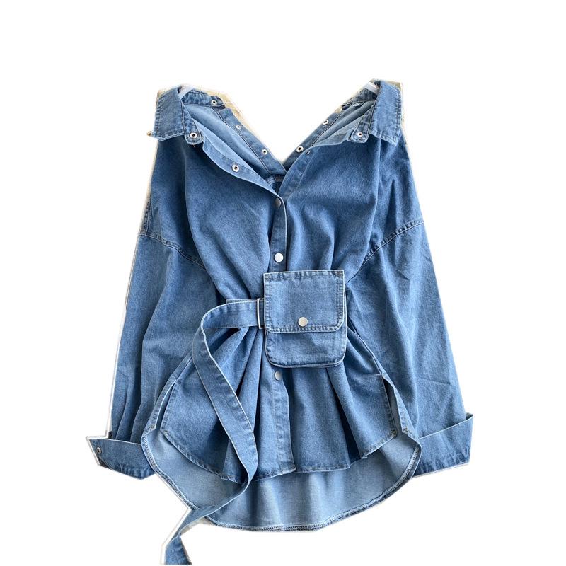 Women's Casual Multi-Wear Backless Denim Shirt with Lace-Up Waist