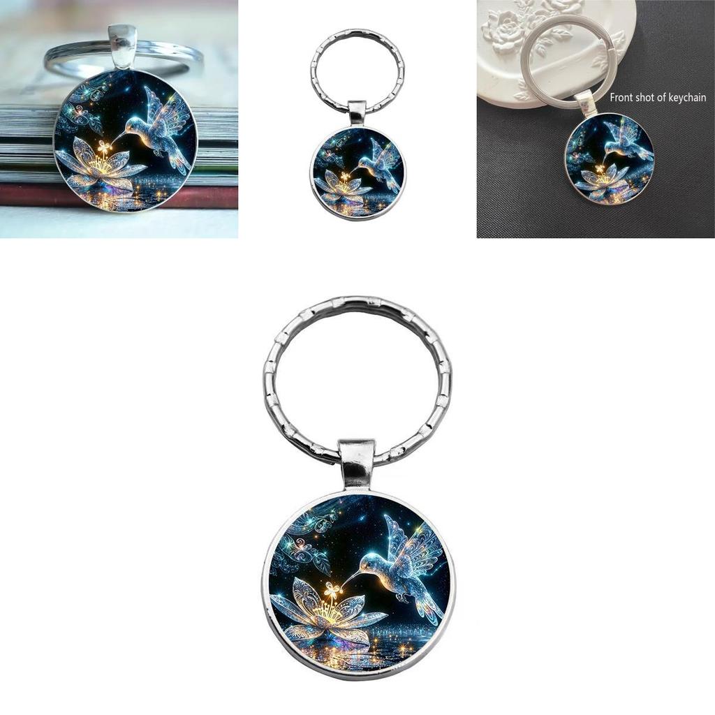 Modern Hummingbird Blossom Alloy Keyring With Glass Finish For Promotional Gifts And Party Favor Use