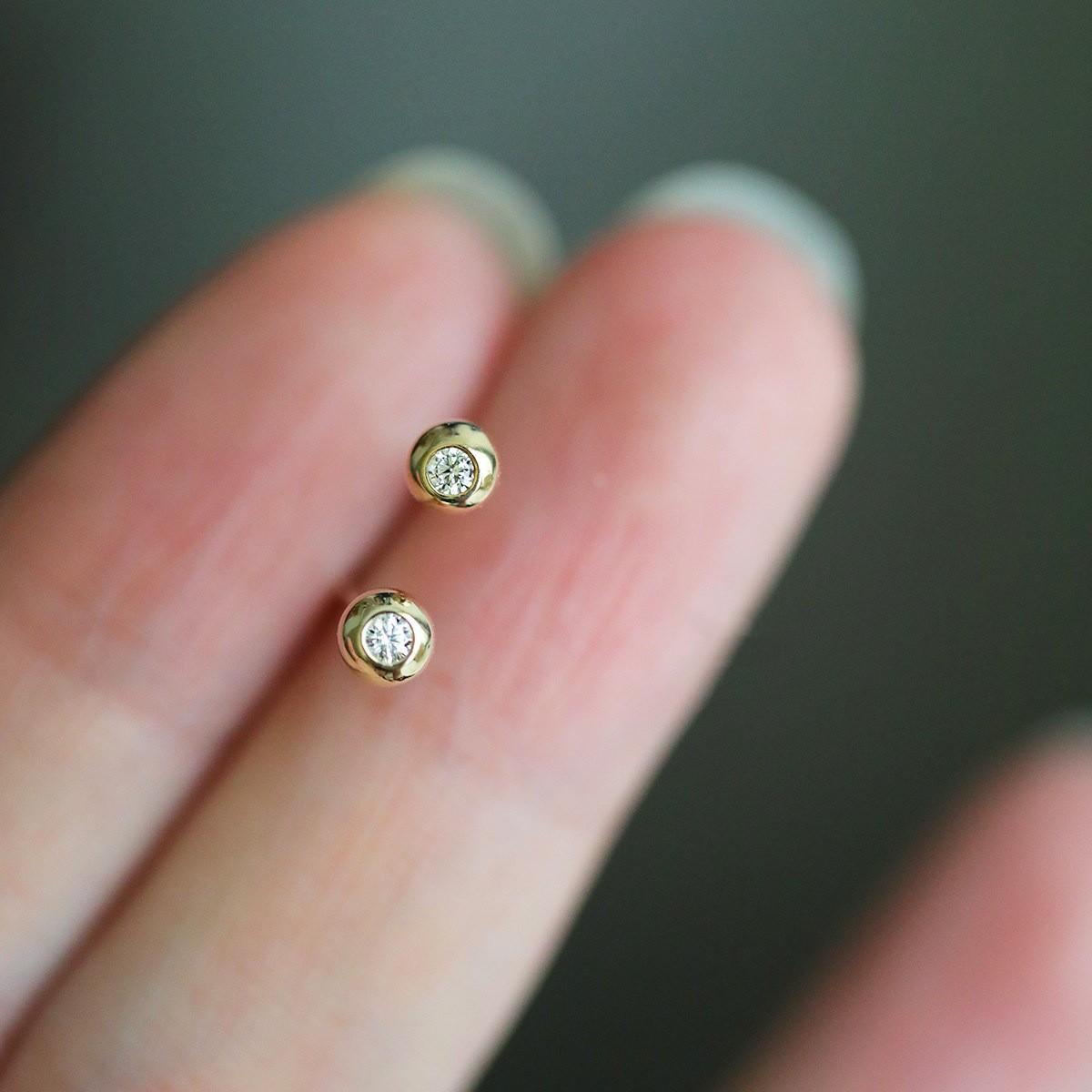 925 Sterling Silver 14K Gold Plated Tiny Bezel Stud Earrings for Women Minimalist Cubic Zirconia Daily Jewelry gold