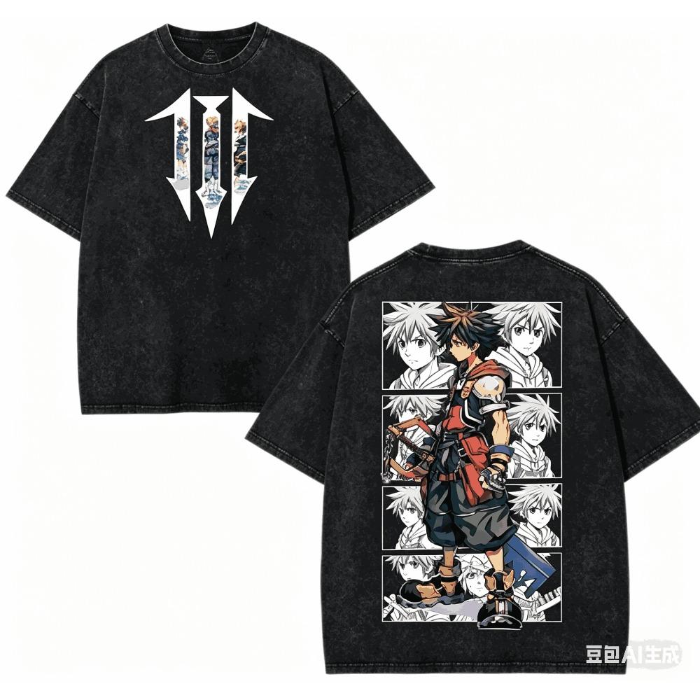 Kingdom Hearts Washed T-shirt Year Round Clothing High Quality Personality Clothes Plus Size Unisex New Model Washed Vintage Loose