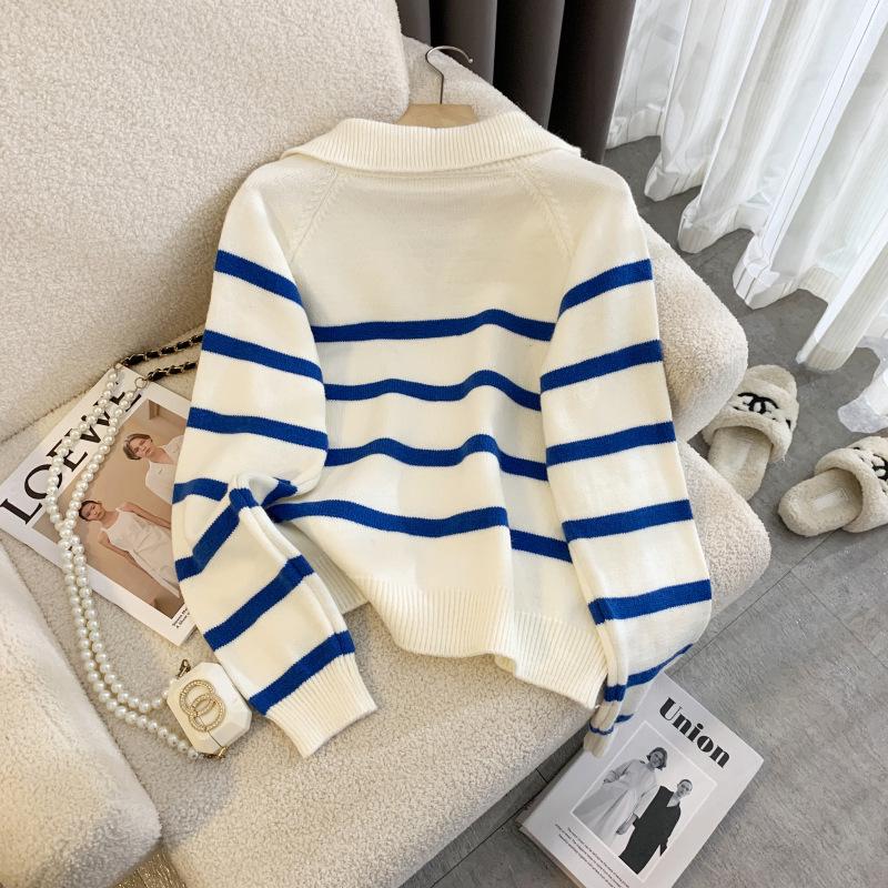 Vysoce kvalitní trendy pletený svetr na zip v korejském stylu pro ženy – Modrý pruhovaný, Jedna velikost