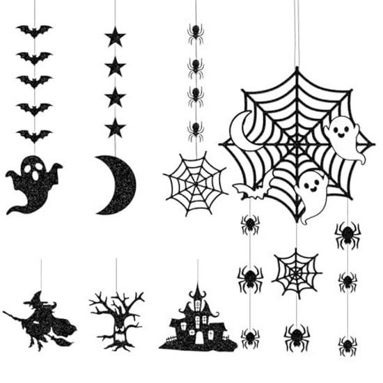 Halloween Garland 7-piece Set Decorations Ghost Bat Spider Web Witch Moon Hanging Paper Door Flag Sign Entrance Wall Pendant Decor Interior Store Home
