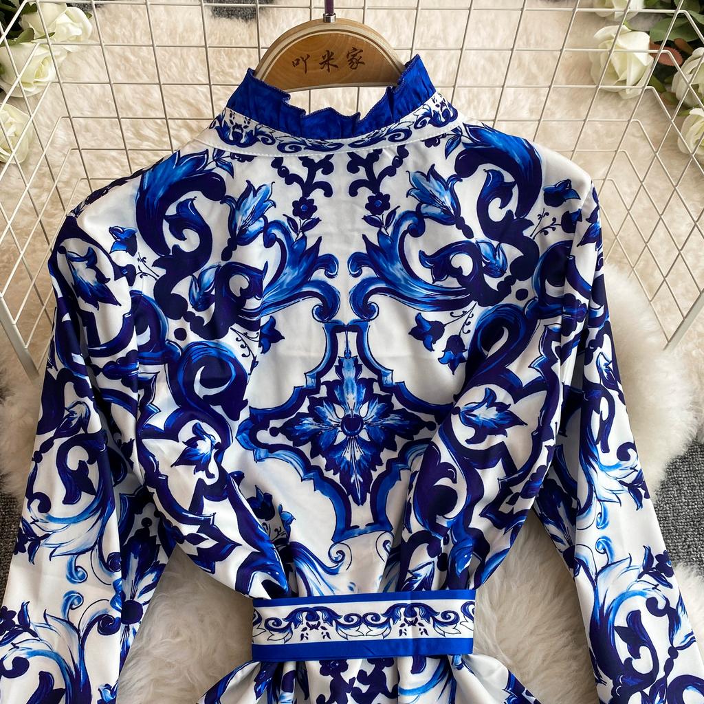 Jaro Podzim Runway Žlutá Červená Modrá a Bílá Porcelánový potisk Župan Dámské Rozevlátý Rukáv Šněrovací Pásek Maxi Společenské šaty