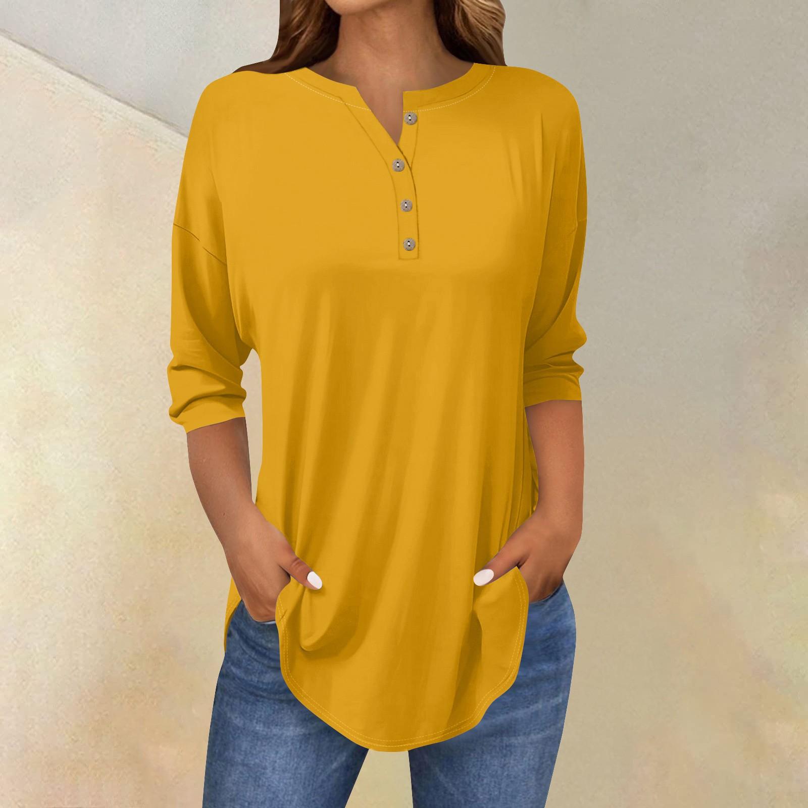 

Футболки женские осенние повседневные рубашки с длинным рукавом 3/4 на пуговицах толстовка винтажный топ пуловер XXXL жёлтый