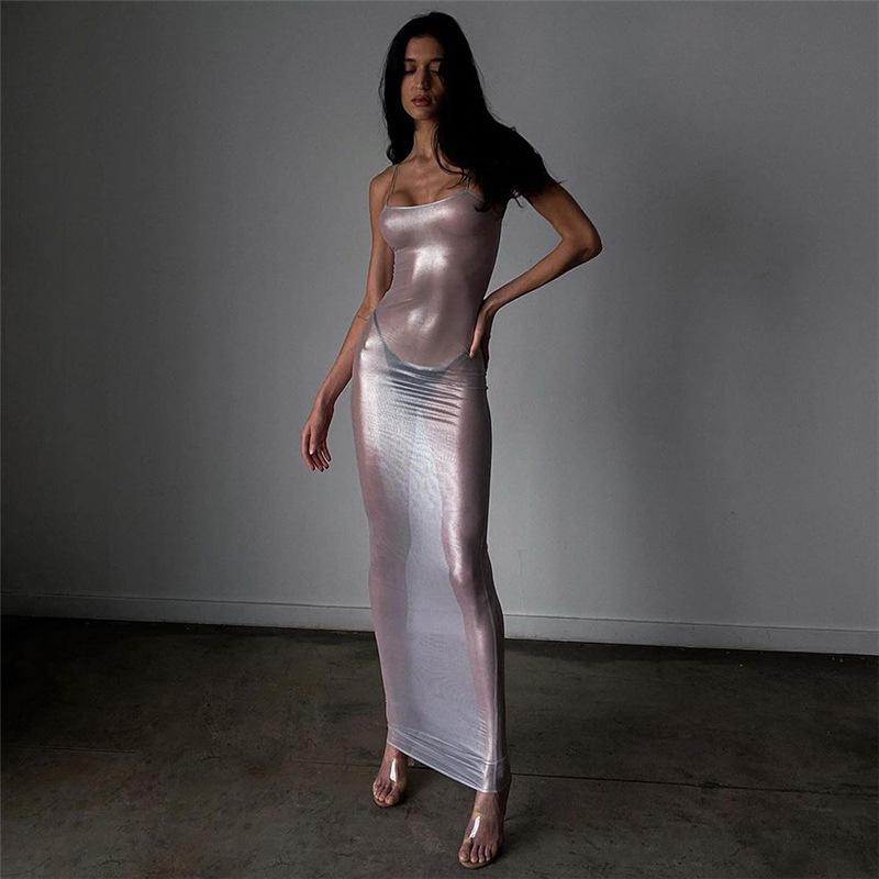 2024 Summer Women's Silver Mesh Bodycon Dress - Spaghetti Strap, Sexy, See-Through, Nightclub Fashion
