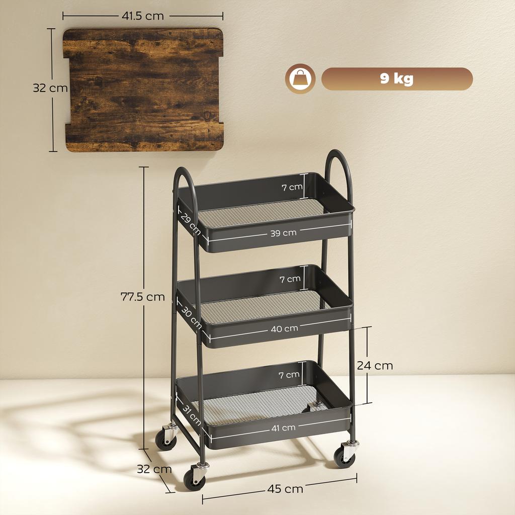 3 Tier Kitchen Storage Trolley With On Wheels Cover Top Board Rustic Brown And Black