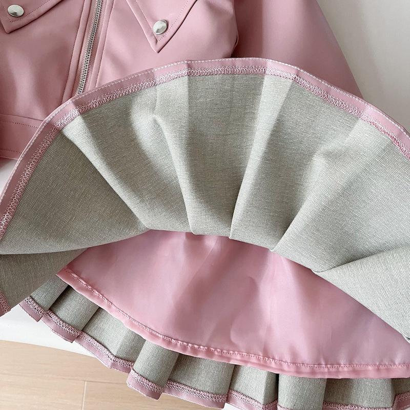Girls' Spring/Fall PU Leather Set - Korean-Style Biker Jacket + Pleated Skirt Solid Color Simple Two-Piece Set