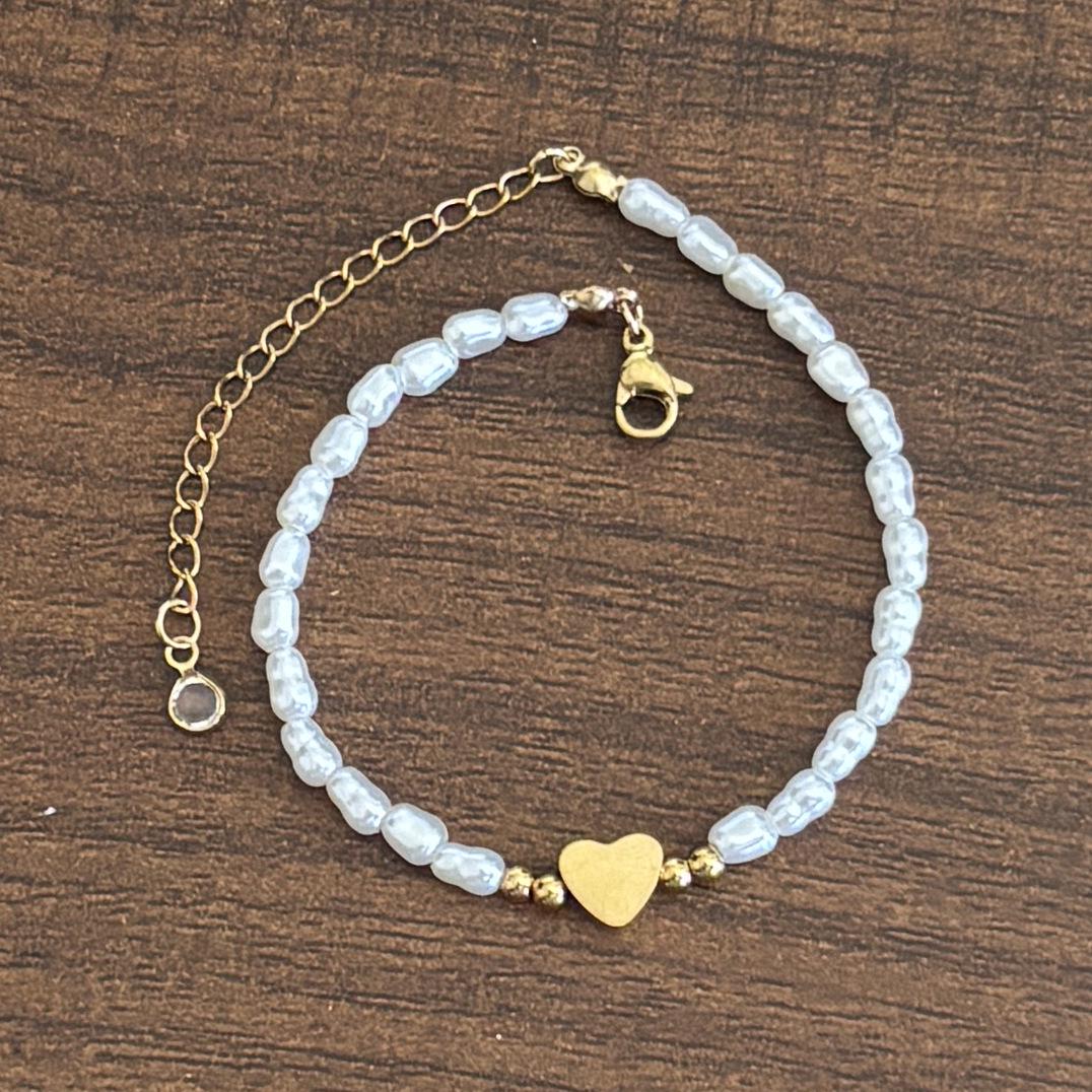 18K Gold-Plated Stainless Steel Heart Bracelet with High-Gloss Baroque Pearl