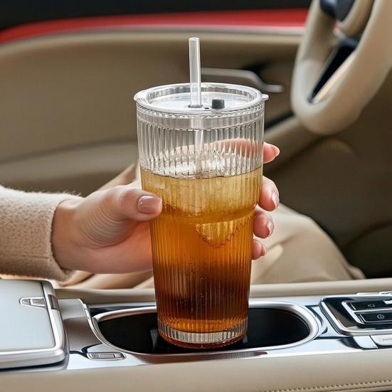 2Pcs Iced Coffee Glass with Lid And Straw, 600ml Capacity Ribbed Tumbler, Reusable Cold Drink Cup for Home Travel, Fits Car Cup Holder