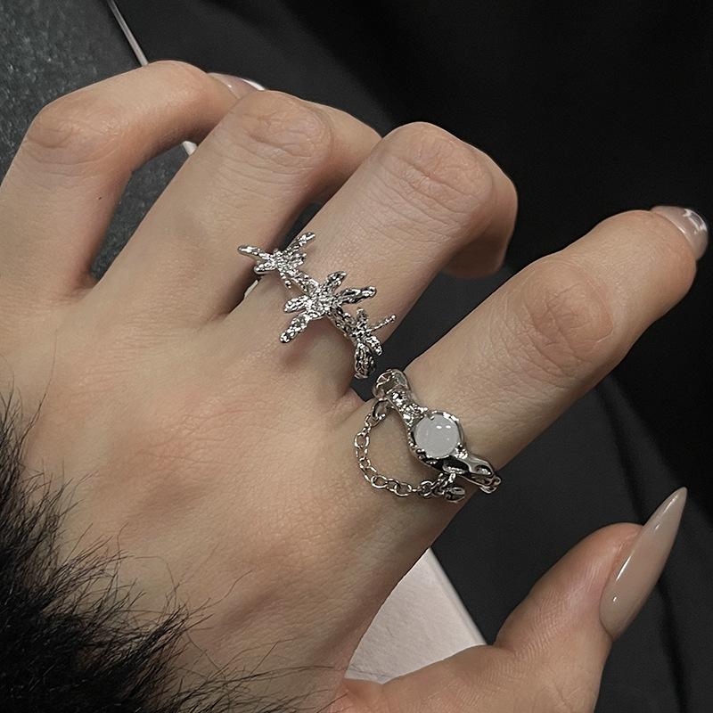 Two-Piece Set, High-End Moonstone Ring, Women'S Open Ring, Niche Design, Plain Ring, Index Finger Ring, French Self-Discipline Ring.
