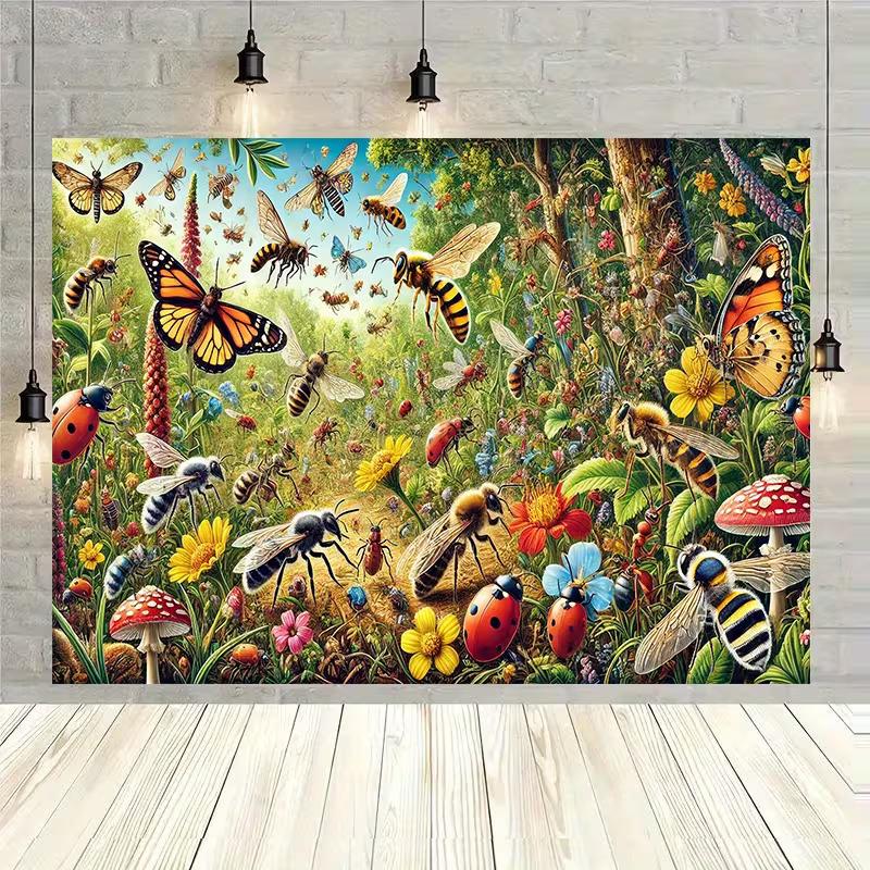 

2D 2D Flat Print Nature Garden Backdrop, Bees, Butterflies and Ladybugs Wall Decor 47.2x31.5inch/120*80cm