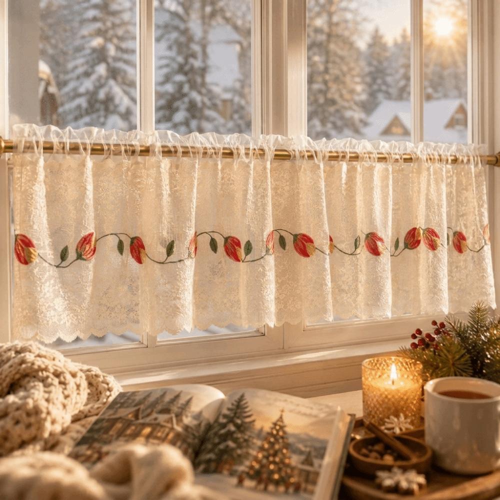 Lace Trim Cafe Curtains Sheer Voile Window Drapes Half Curtains Embroidered Curtains Restaurant