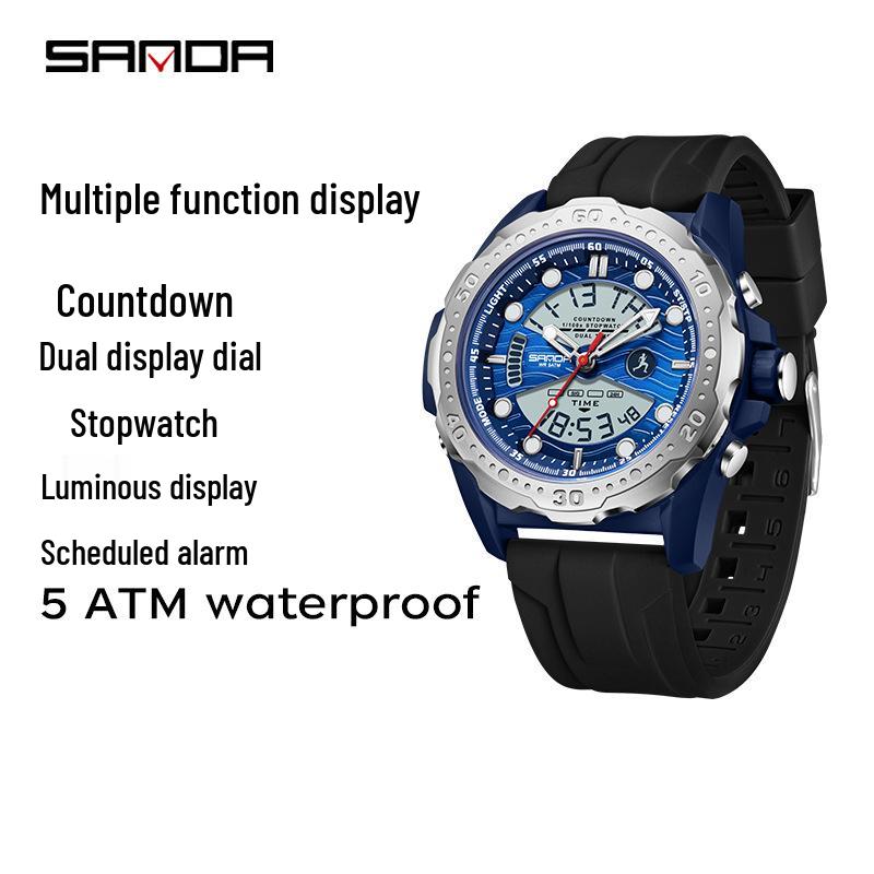 Sanda Multi-Functional Waterproof Luminous Watch with Large Dial and Three-Time Zone Display, Perfect for Students.