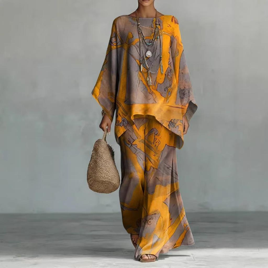 New round neck bat sleeve printed loose set bohemian lazy casual two-piece set