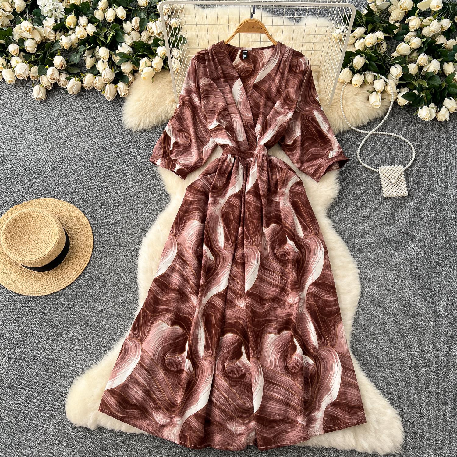 

Платье в стиле ретро с V-образным вырезом и рукавом семь четвертей для женщин, облегающее талию и стройное, с длинными платьями А-силуэта в французском стиле One Size темно-коричневого