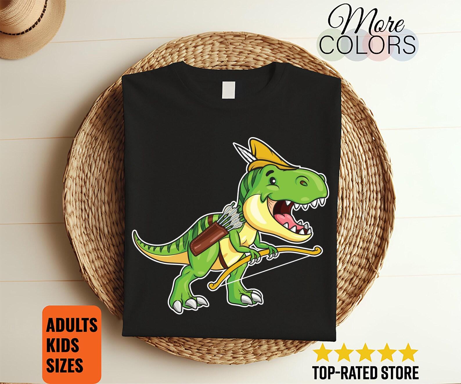 Archery T-Rex Archer Gift Outfit, Arrow Bow Sport Dino Dinosaurs Lover Present Funny T-Shirt, Boys Girls Bowman, Shooting Competition Team, 140