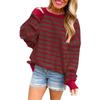 Casual Women's Striped Contrasting Long Sleeved Pullover Women's Warm Pullover