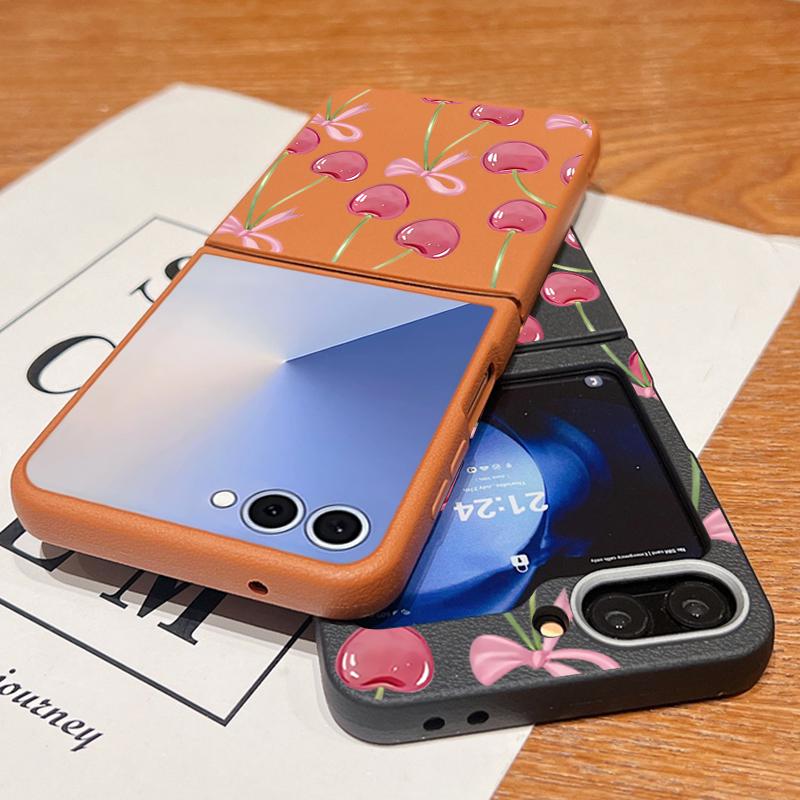 Crystal Cherry Fruits Bowknots Pattern Case For Samsung Z Flip 7 6 5 4 Leather Texture Folding Fhone Cover For Galaxy Z Flip7 Flip6 Flip5