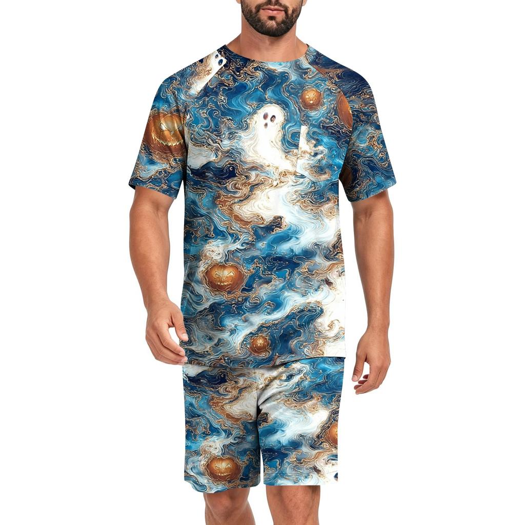 Men's Halloween Casual Pajama Set Short Sleeve Top and Shorts Lightweight Comfortable Sleepwear Set for Home and Lounge