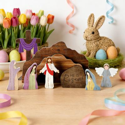 9-teiliges Set: Leeres Grab Jesu – Osterdekoration – Er ist auferstanden – Tischdekoration aus Holz für Zuhause oder Büro – Auferstehungsszene – Christliche religiöse Dekoration