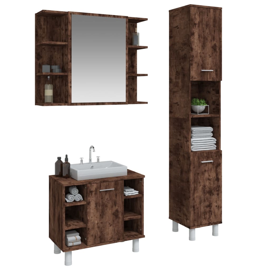 3 Piece Bathroom Furniture Set In Smoked Oak Wood Based Material