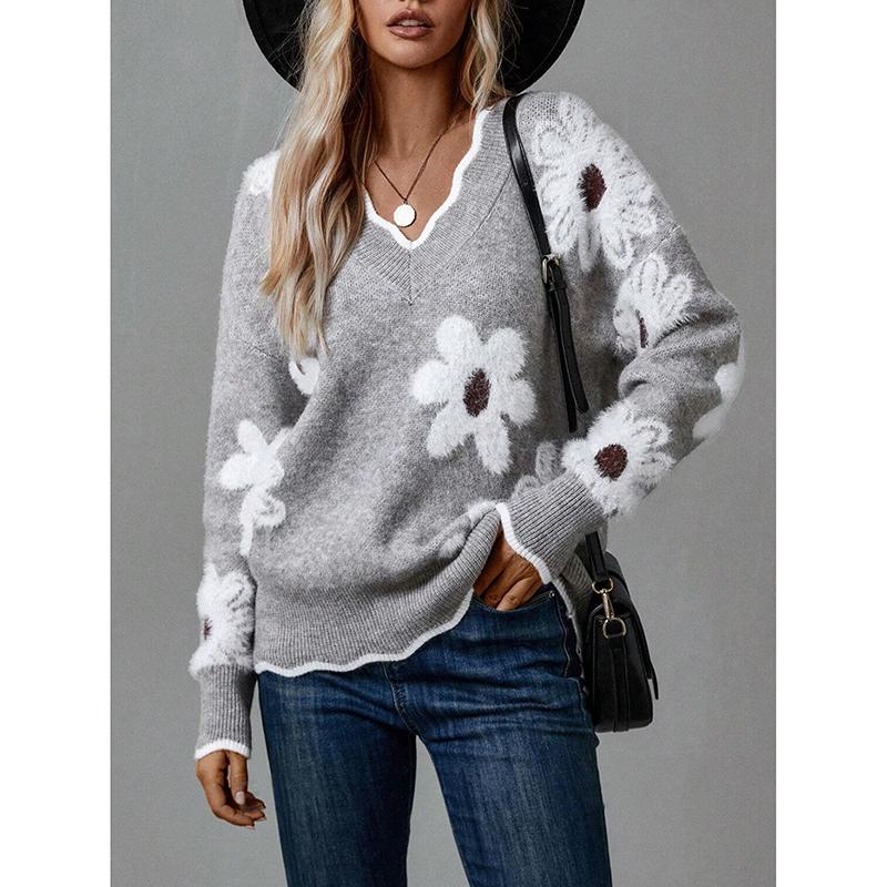 Women's Sweater Autumn Winter Floral Pattern V-neck Long Sleeve Jumper Tops Female Casual Warm Knitted Pullover