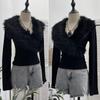 Millennial Hot Girl Fur Patchwork V-Neck Long Sleeve Slimming Top 23326
