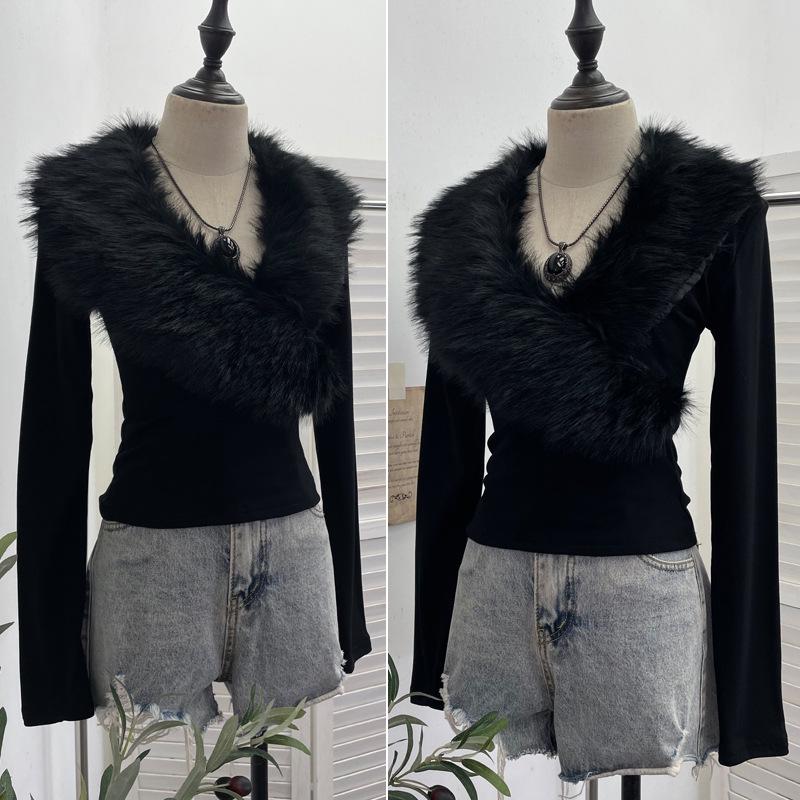 Millennial Hot Girl Fur Patchwork V-Neck Long Sleeve Slimming Top 23326