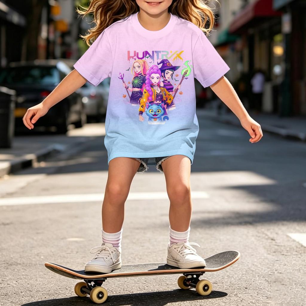 Girls Loose Fit Short Sleeve T Shirt Halloween Inspired Demon Hunter Print Casual Comfortable Top for Kids