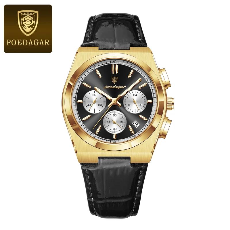 POEDAGAR Luxury Watch For Men Leather Sports Military Man Watch Waterproof Luminous Chronograph Date Quartz Men's Watches