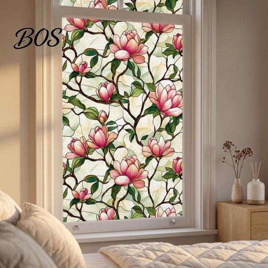 Electrostatic Window Sticker Stained Glass Privacy Film, Flower Wall Decals, UV Blocking Tearable Reusable Cling Floral Stickers for Bedroom