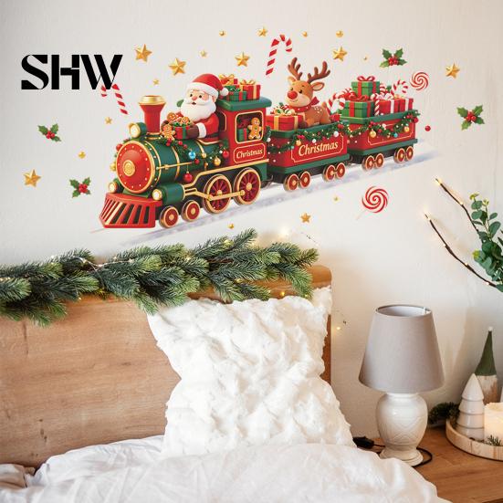 Christmas Window Clings Train Wall Sticker, Santa Claus Reindeer Decals, Self Adhesive Xmas Party Decor Murals, Removable PVC Art for Home Living Room
